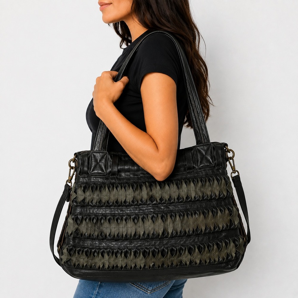 AmeriLeather Patchwork Genuine Leather Shoulder Crossbody Bag Tote Black Large